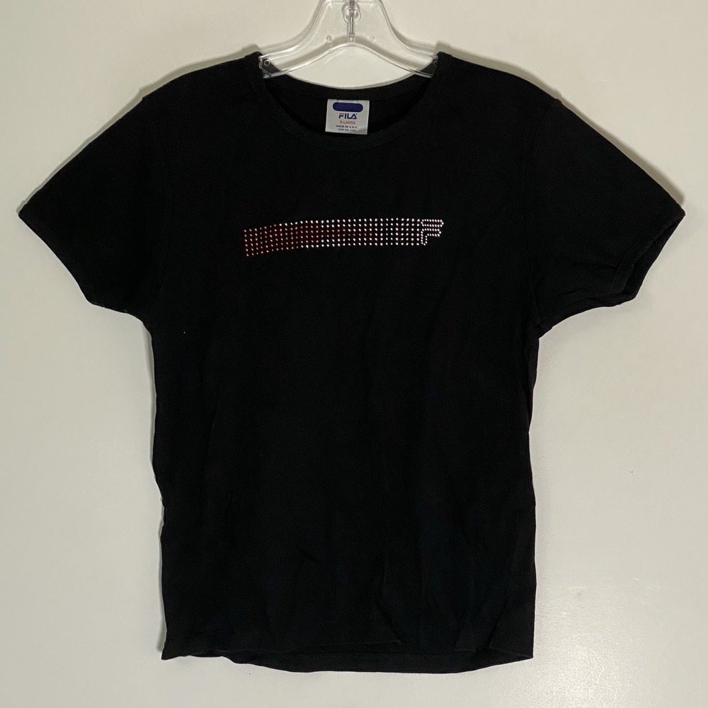 Vintage Fila Top Womens XL Black Beaded 100% Cotton Tee Shirt Logo Shiny Chic